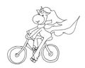 Coloring book for kids - unicorn smiling and riding a bicycle in a beautiful scarf. Black and white cute cartoon unicorns. Vector